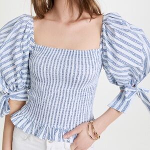 NWT Caroline Constas Nora Top blue stripe puff statement sleeve size M